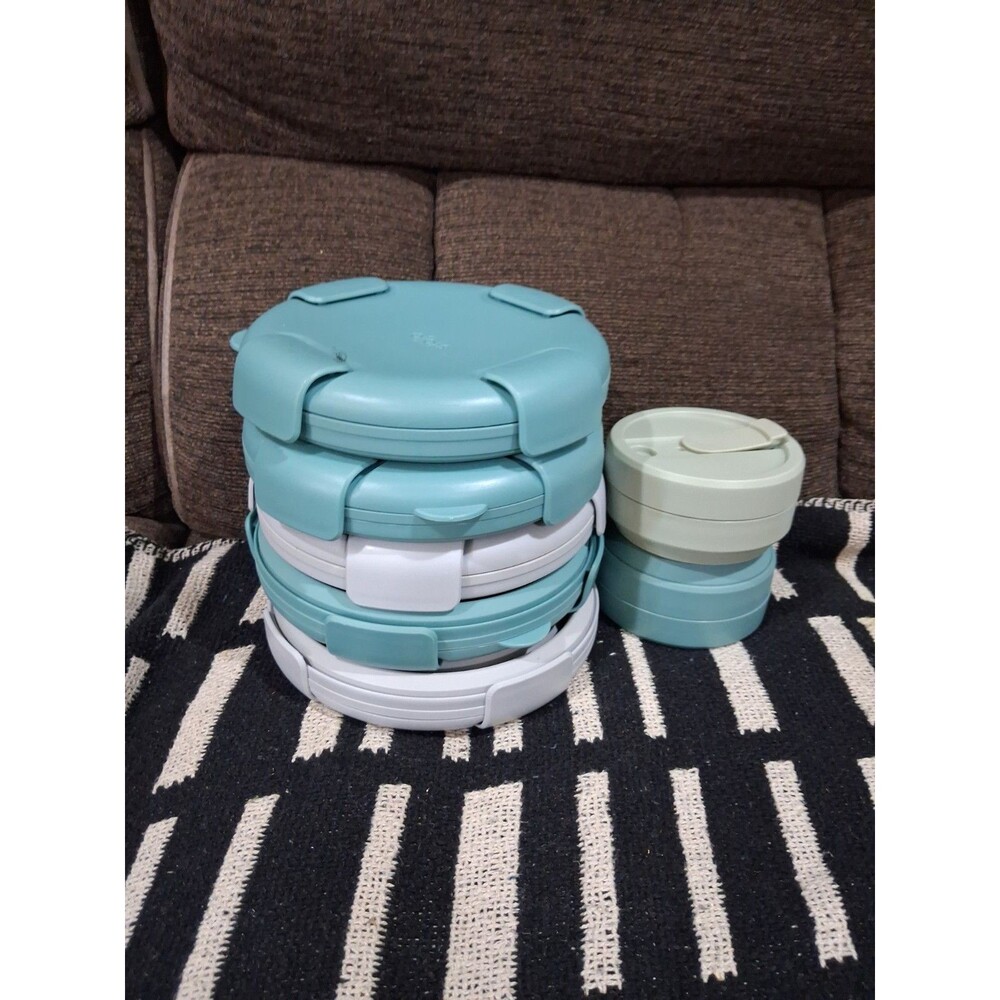 Stojo Bowls Collapsible Teal set of 5, W/ 2 Bonus Cups BPA Free